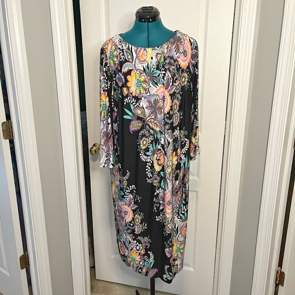 Bob Mackie Vintage Floral Knee Length Sheath 3/4 Sleeve Lined Wearable Art Dress